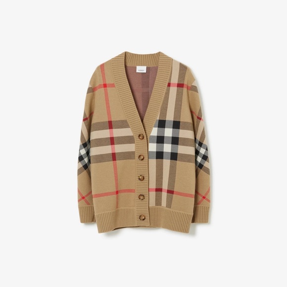Burberry Oversized Fit Check Wool Blend Monogram/Archive Beige Cardigan Size S - Picture 1 of 6